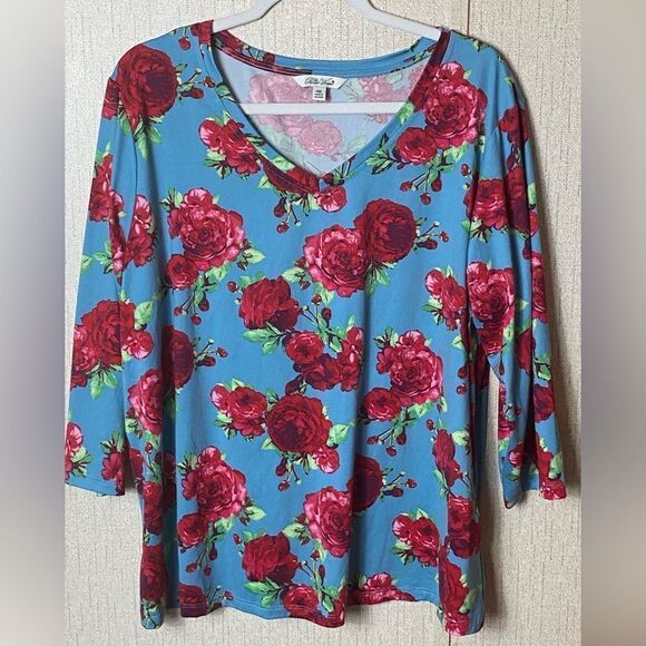 The Pioneer Woman Wm’s Sz XXL Blue Rose Design V Neck Pull Over Shirt Blouse - Picture 1 of 4